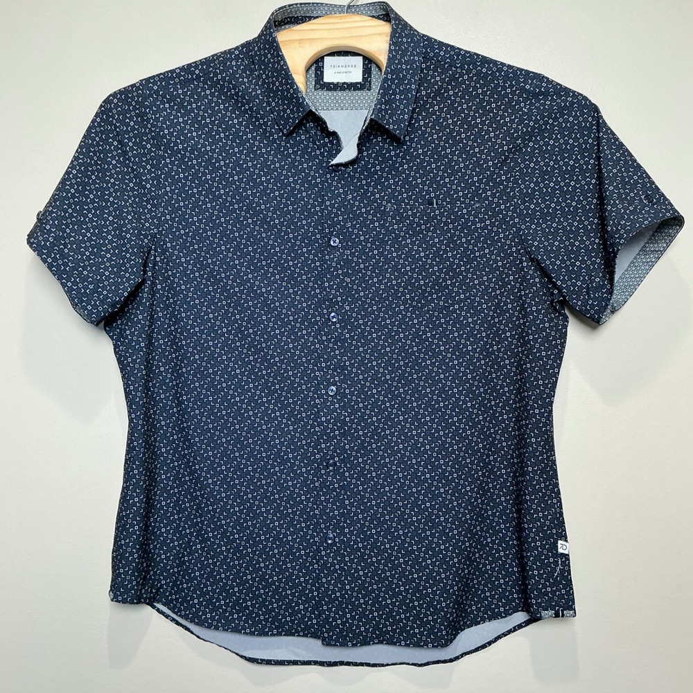 7Diamonds Button Down Shirt Mens XL Navy Blue 4-Way Stretch Geometric Excellent